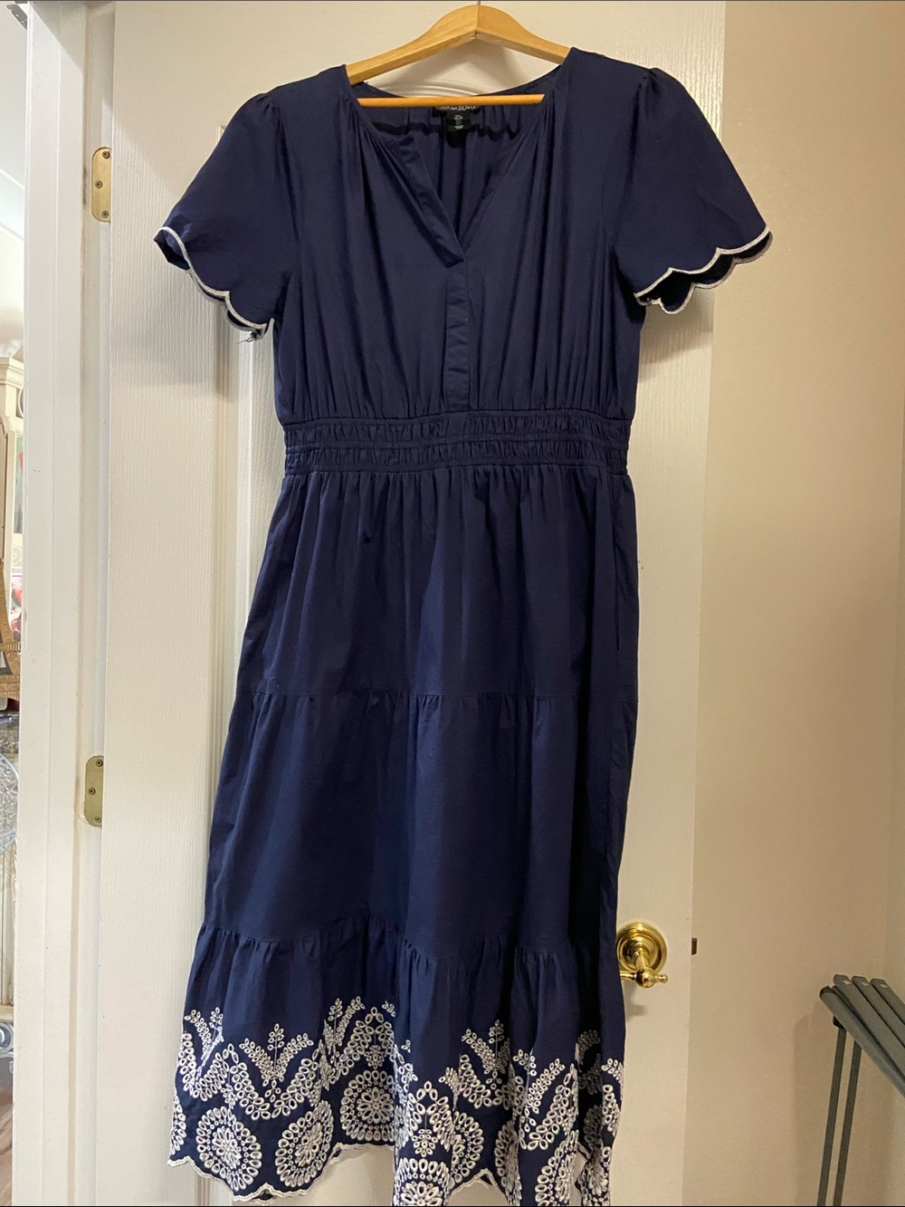 Cynthia Rowley Navy Dress with White Embroidered Hem Detail